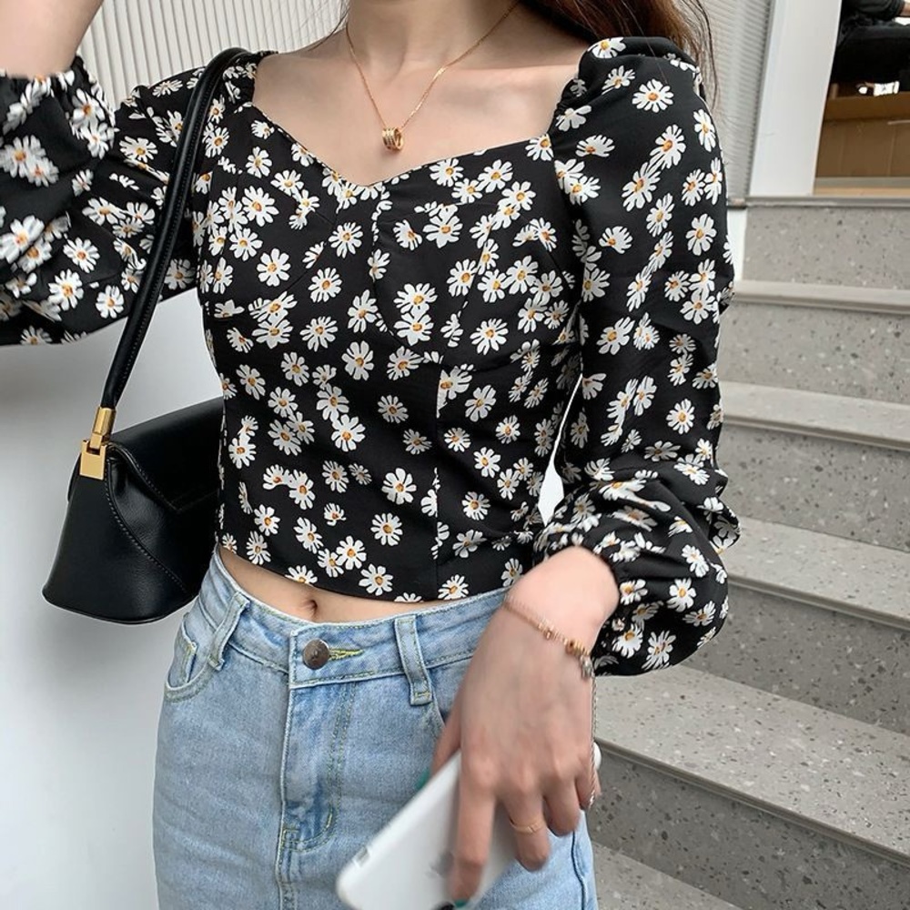 Floral Long-Sleeve Cropped Blouse